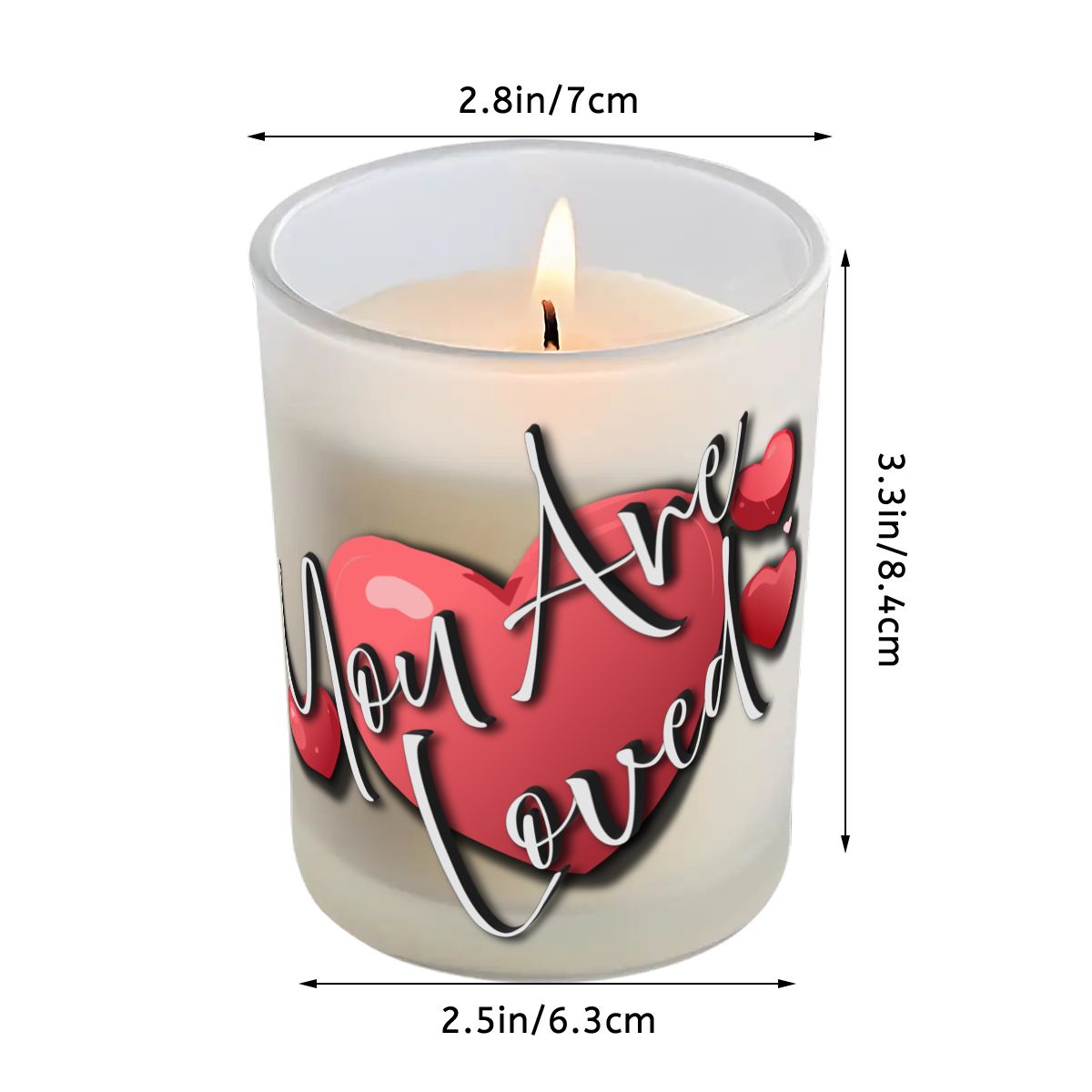 Candle with 'Are You Loved' text and heart design, shown with dimensions on a white background