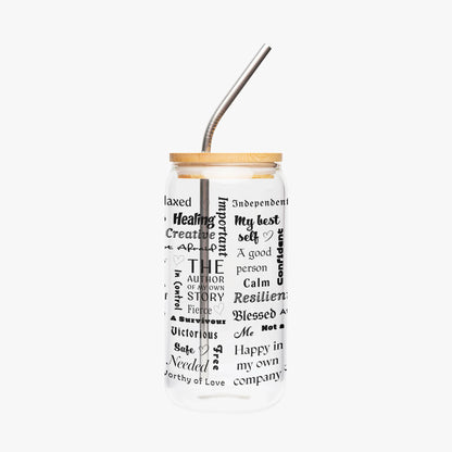 "I Am" Positive Affirmations Drinking Glasses with Bamboo Lid - Affirmations and Gratitudes 