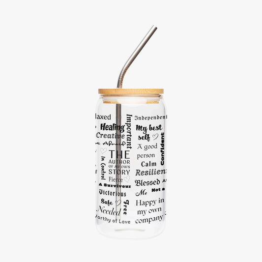 "I Am" Positive Affirmations Drinking Glasses with Bamboo Lid - Affirmations and Gratitudes 