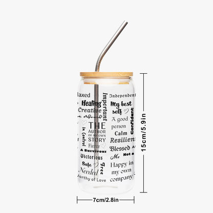 "I Am" Positive Affirmations Drinking Glasses with Bamboo Lid - Affirmations and Gratitudes 