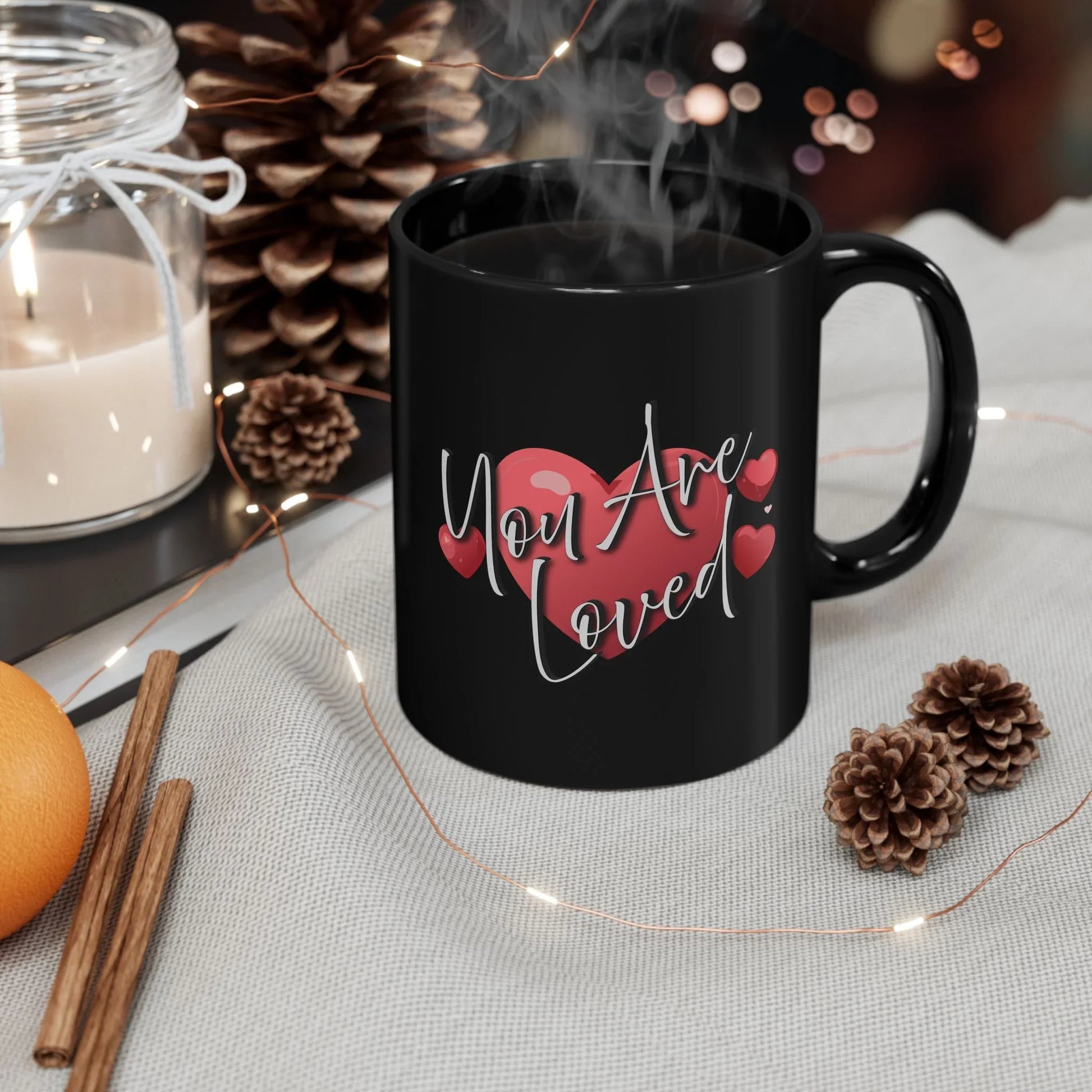 Heartfelt Black Mug - You're Loved Gift for Motivation - Affirmations and Gratitudes 