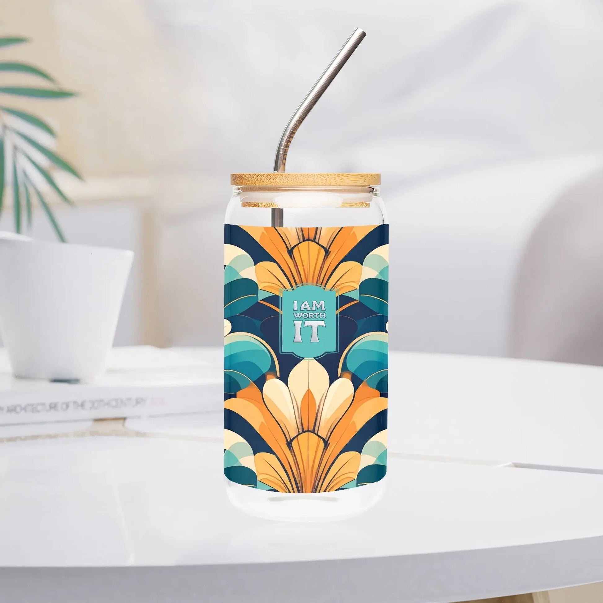 "I am worth it" Art-Deco Design Drinking Glass with Bamboo Lid - Affirmations and Gratitudes 