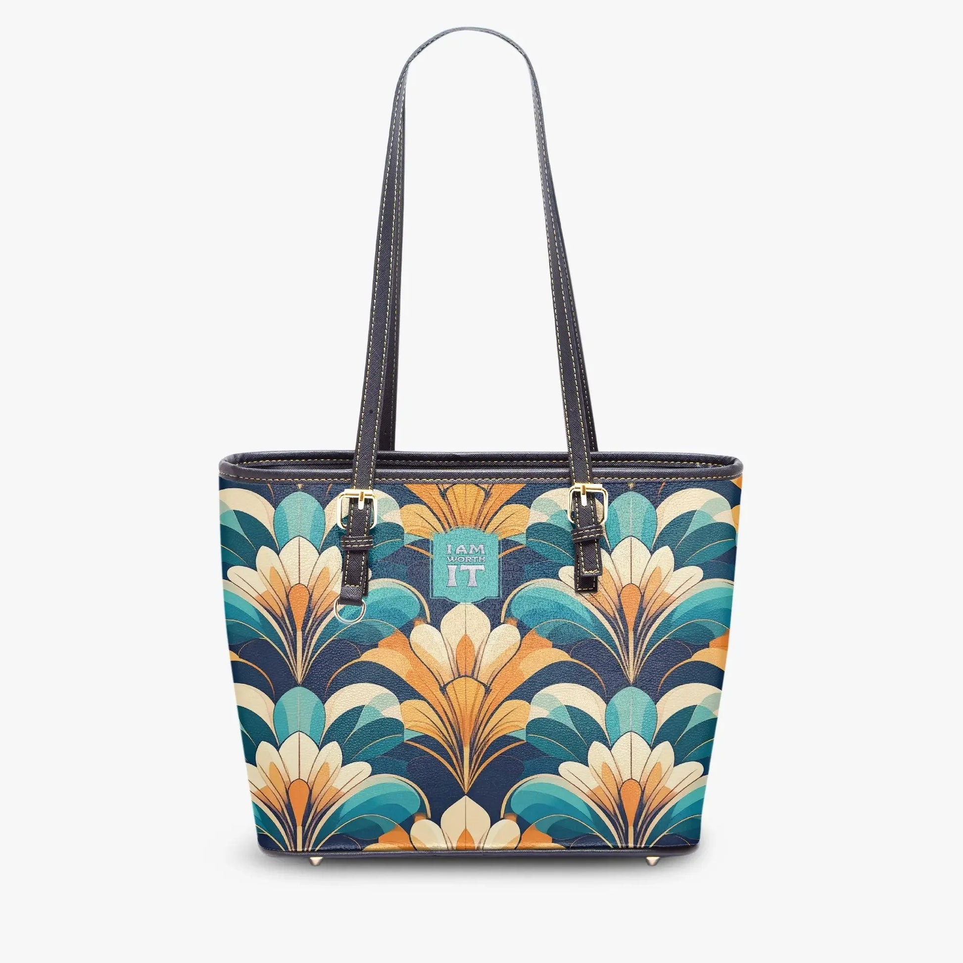 "I am worth it" Art-Deco Design Leather Tote Bag for Women - Affirmations and Gratitudes 