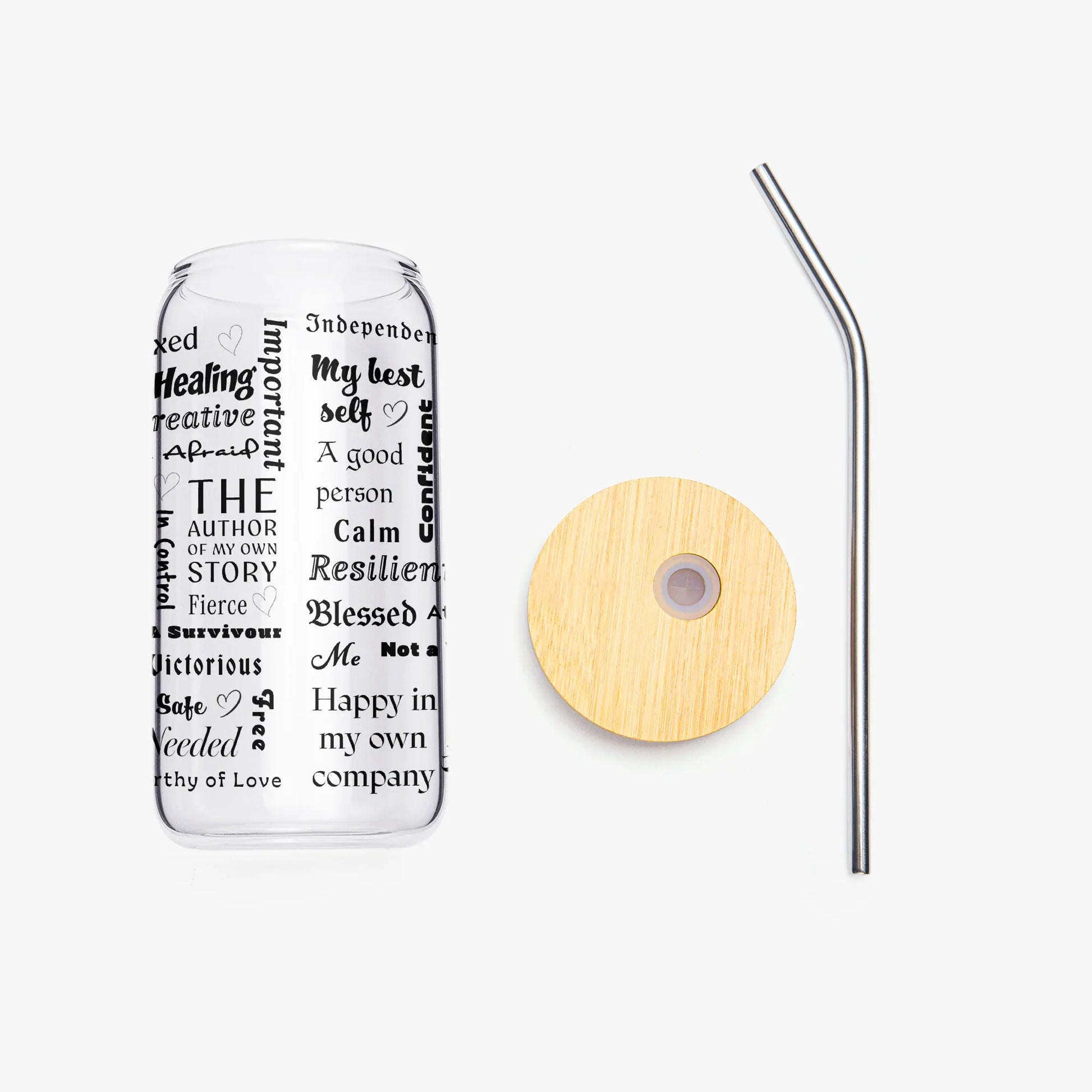 "I Am" Positive Affirmations Drinking Glasses with Bamboo Lid - Affirmations and Gratitudes 