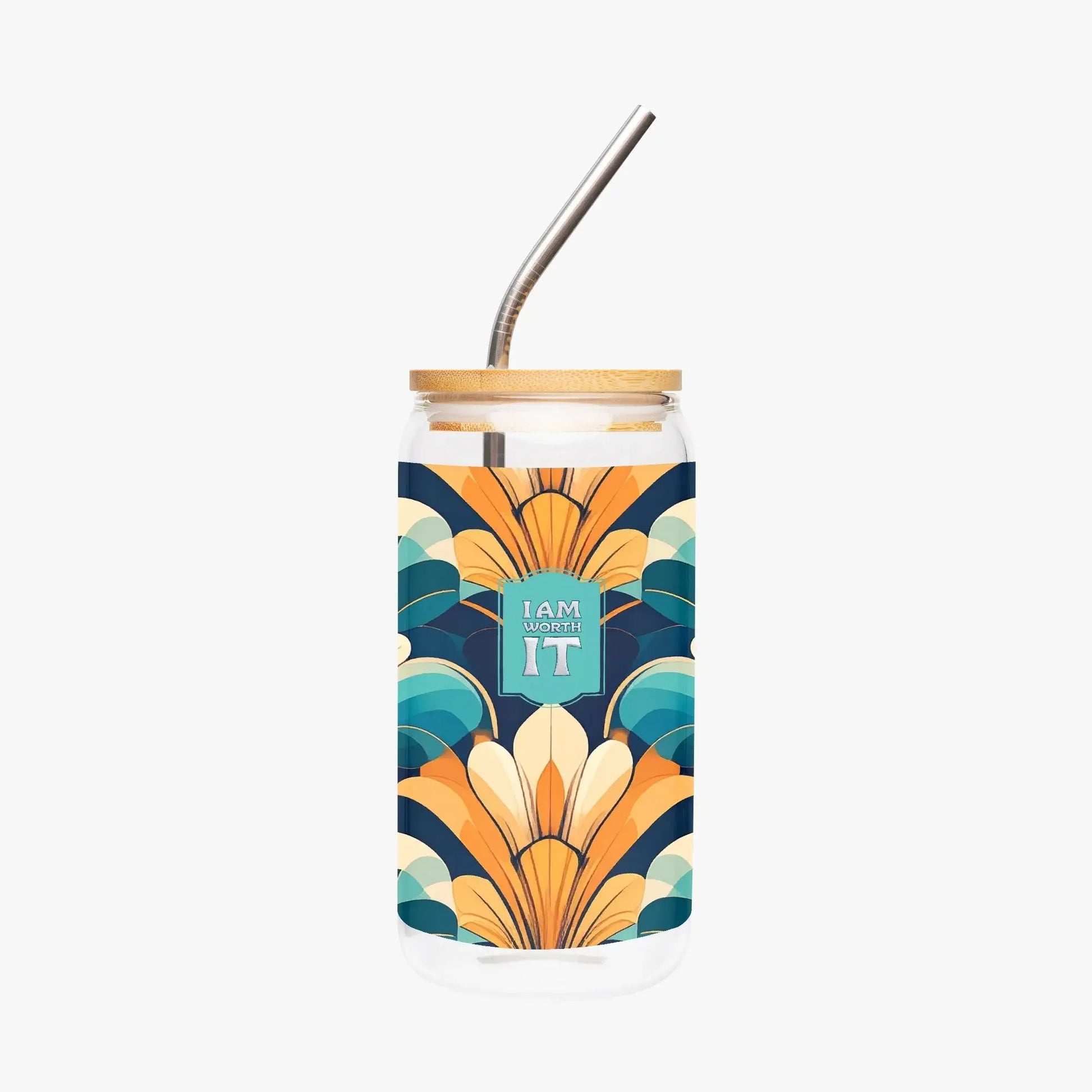 "I am worth it" Art-Deco Design Drinking Glass with Bamboo Lid - Affirmations and Gratitudes 