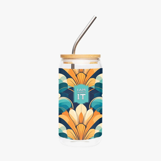"I am worth it" Art-Deco Design Drinking Glass with Bamboo Lid - Affirmations and Gratitudes 