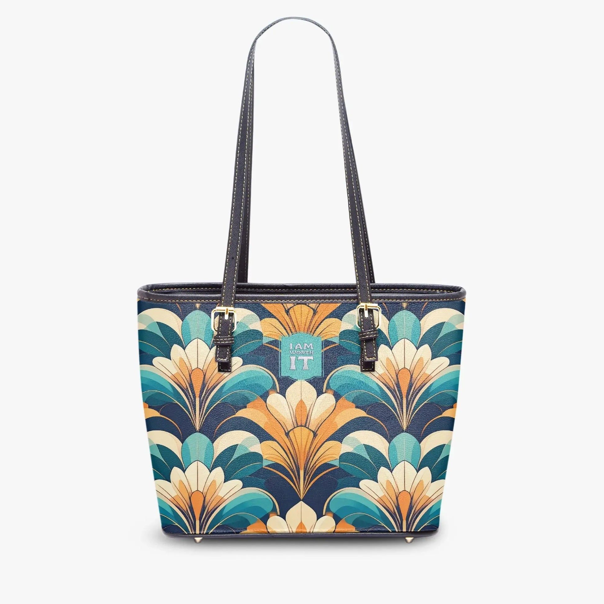 "I am worth it" Art-Deco Design Leather Tote Bag for Women - Affirmations and Gratitudes 