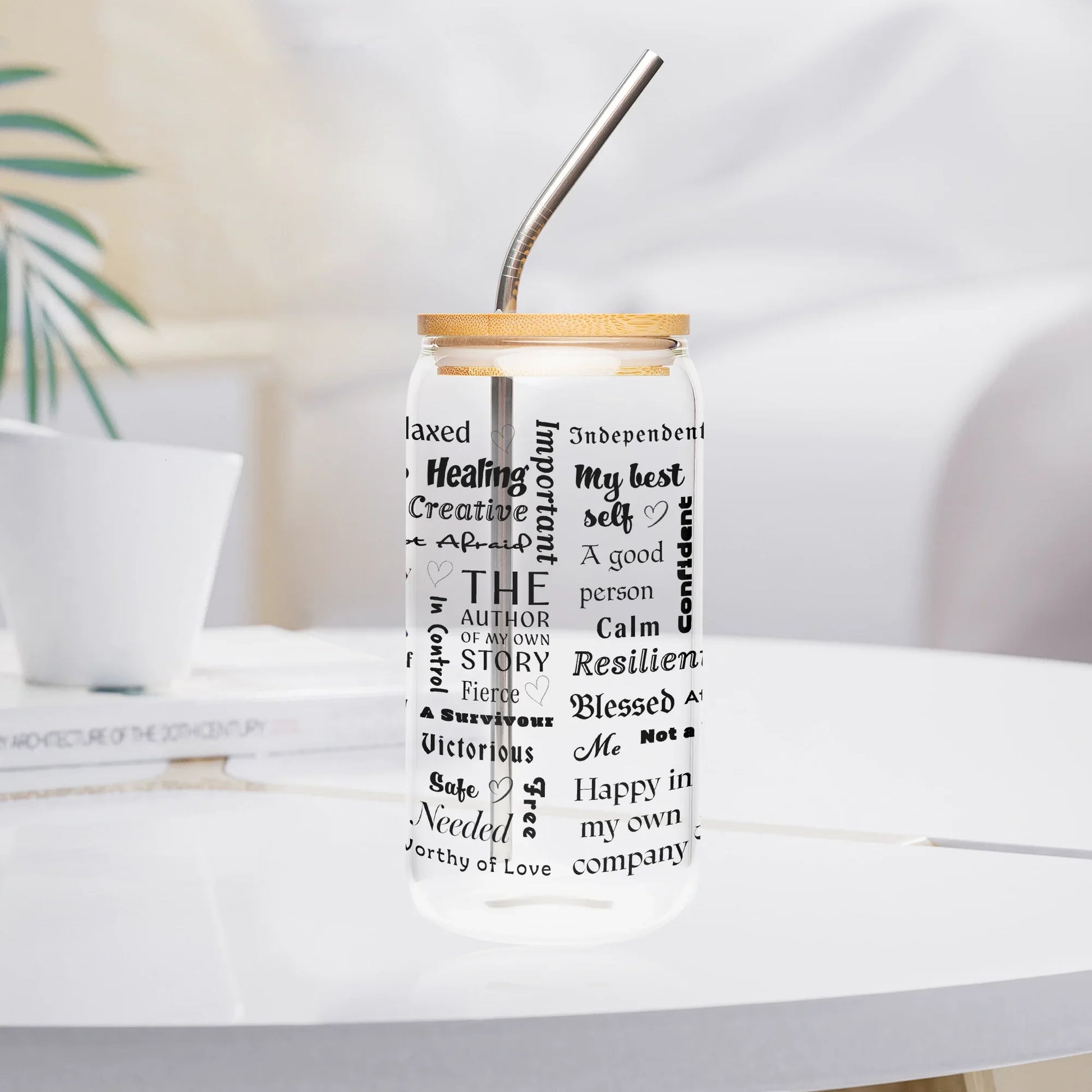 "I Am" Positive Affirmations Drinking Glasses with Bamboo Lid - Affirmations and Gratitudes 