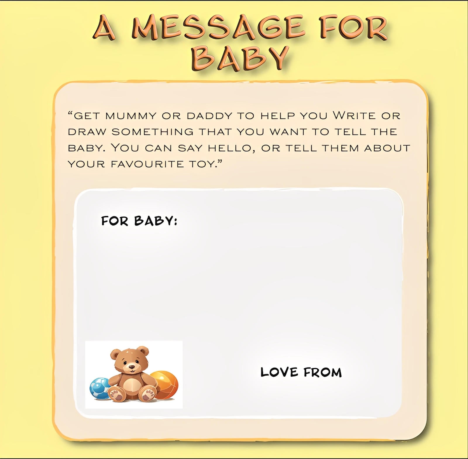 A message for baby card with teddy bear, yellow background, and space for personalized note.