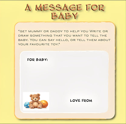 A message for baby card with teddy bear, yellow background, and space for personalized note.