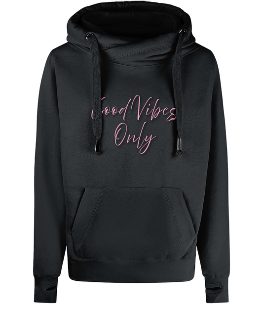 Black hoodie with 'Good Vibes Only' pink script on front, drawstrings and front pocket