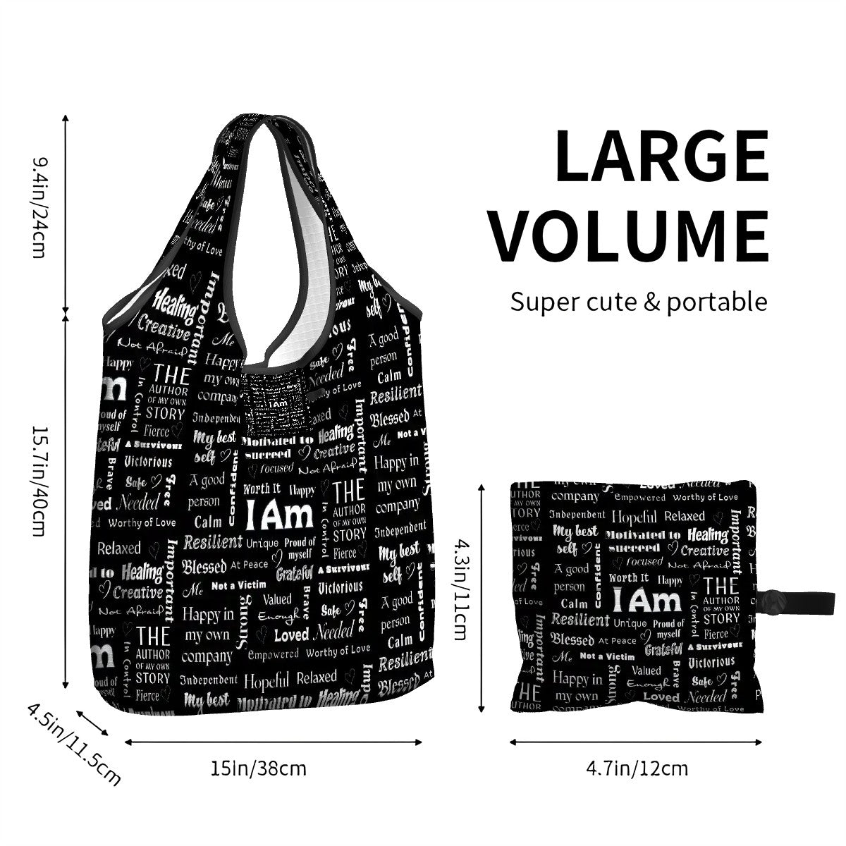 Black I Am folding shopper bag with white motivational text, pocket pouch, and size dimensions shown