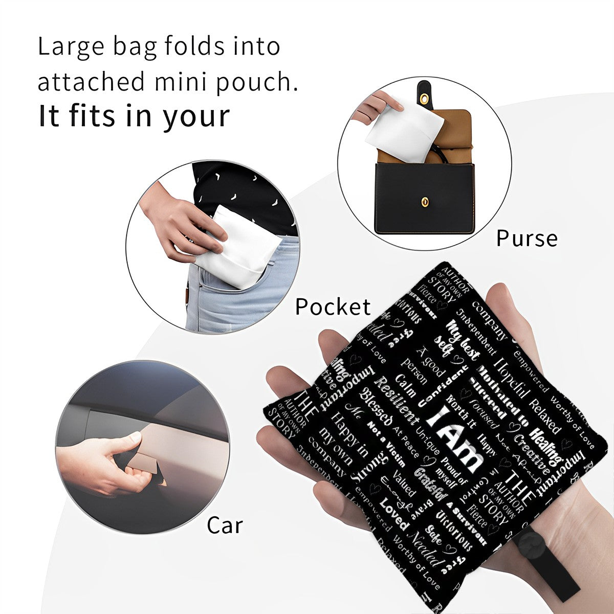 Black bag with text held by a hand, with insets showing its portability.