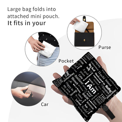 Black bag with text held by a hand, with insets showing its portability.