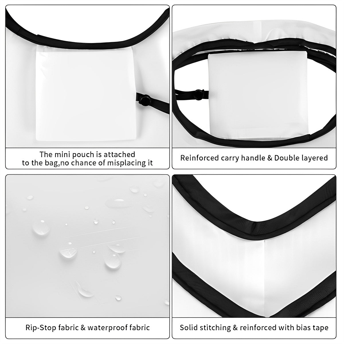 Collage of features and details of a bag with mini pouch, reinforced handle, and waterproof fabric.