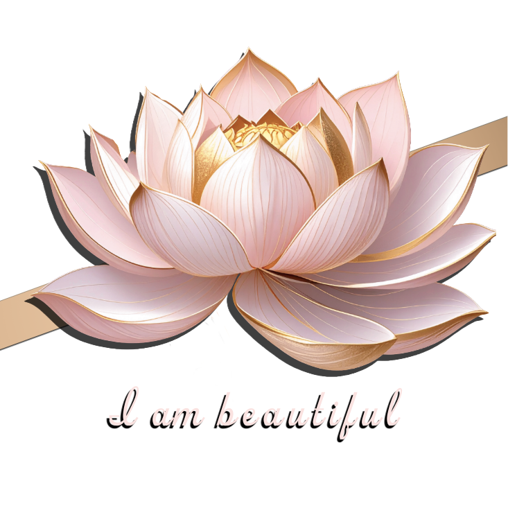 Pink lotus flower with gold accents and 'I am beautiful' text on a white background