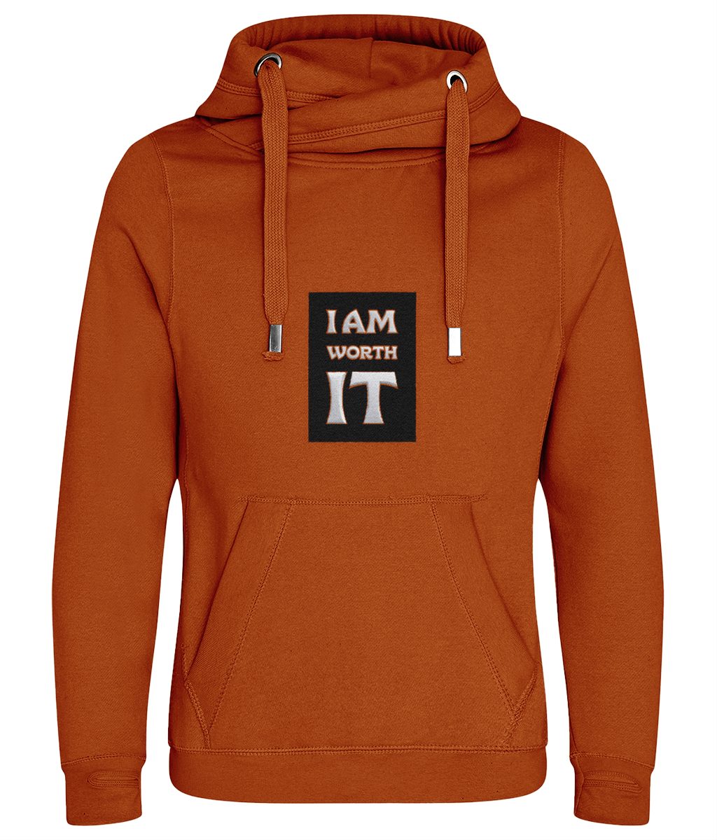 Orange hoodie with a black square graphic displaying 'I AM WORTH IT' on a white background