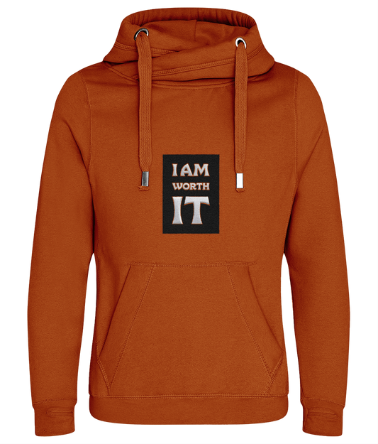 Orange hoodie with a black square graphic displaying 'I AM WORTH IT' on a white background