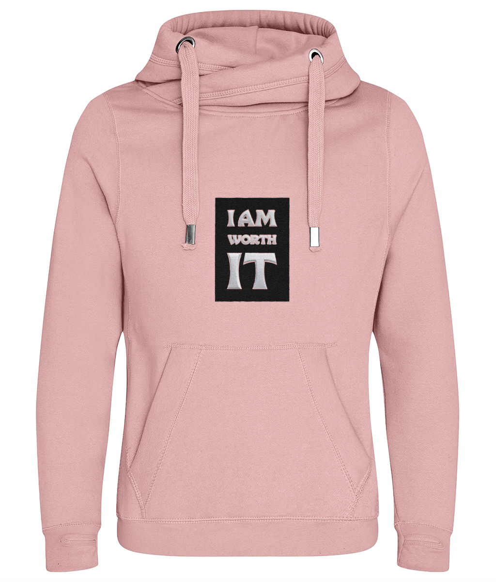 Pink hoodie with 'I AM WORTH IT' text on a white background