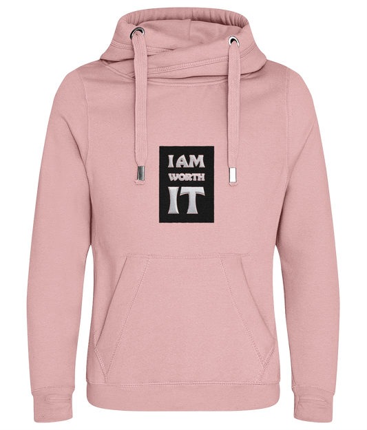 Pink hoodie with 'I AM WORTH IT' text on a white background