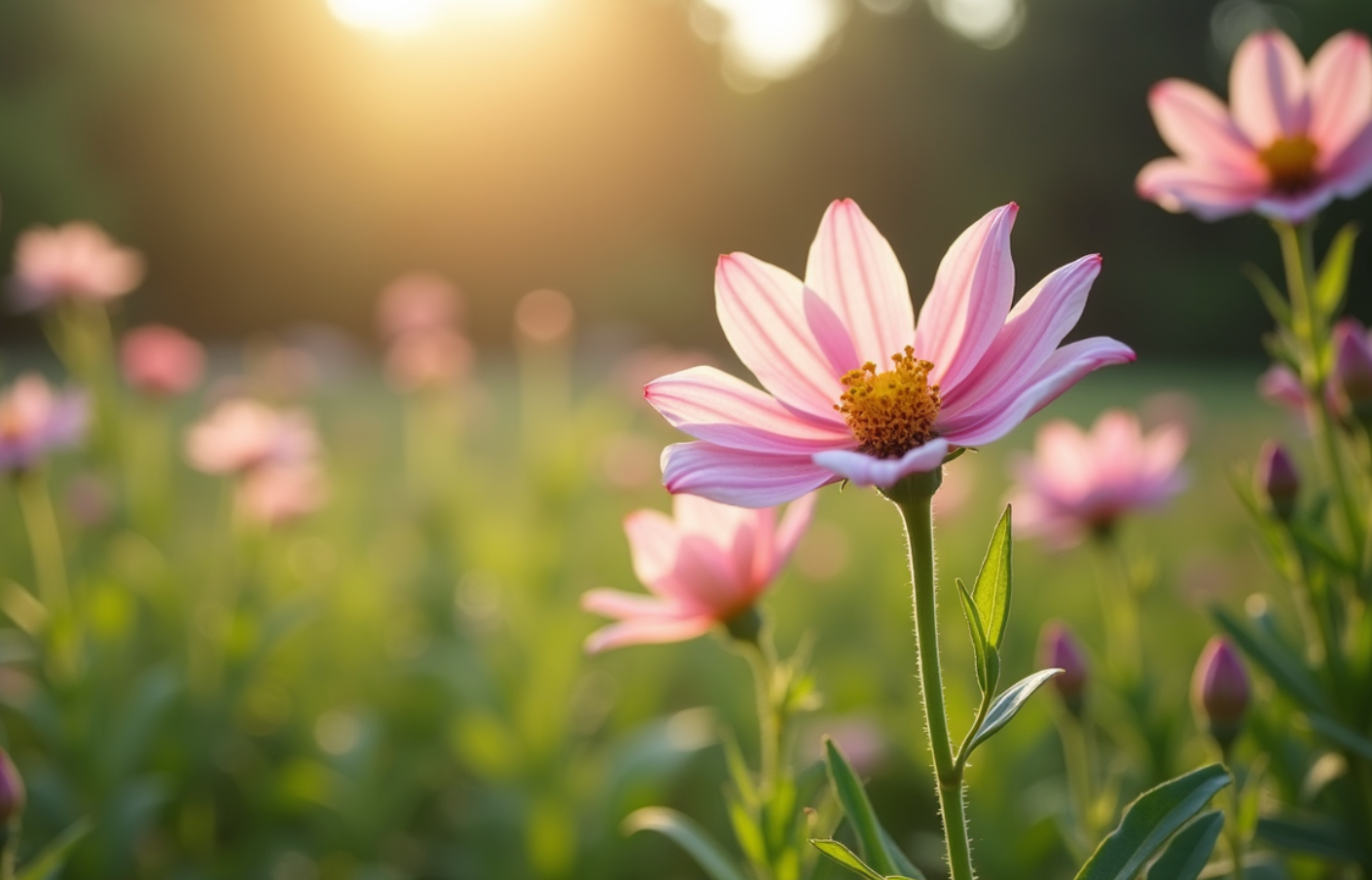 Pink flower in a field with a blurred background