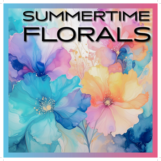Colorful floral design with 'Summertime Florals' text on a blue background