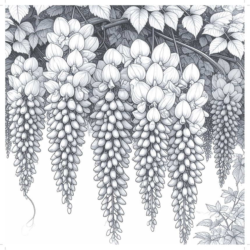 Black and white illustration of hanging flowers with leaves