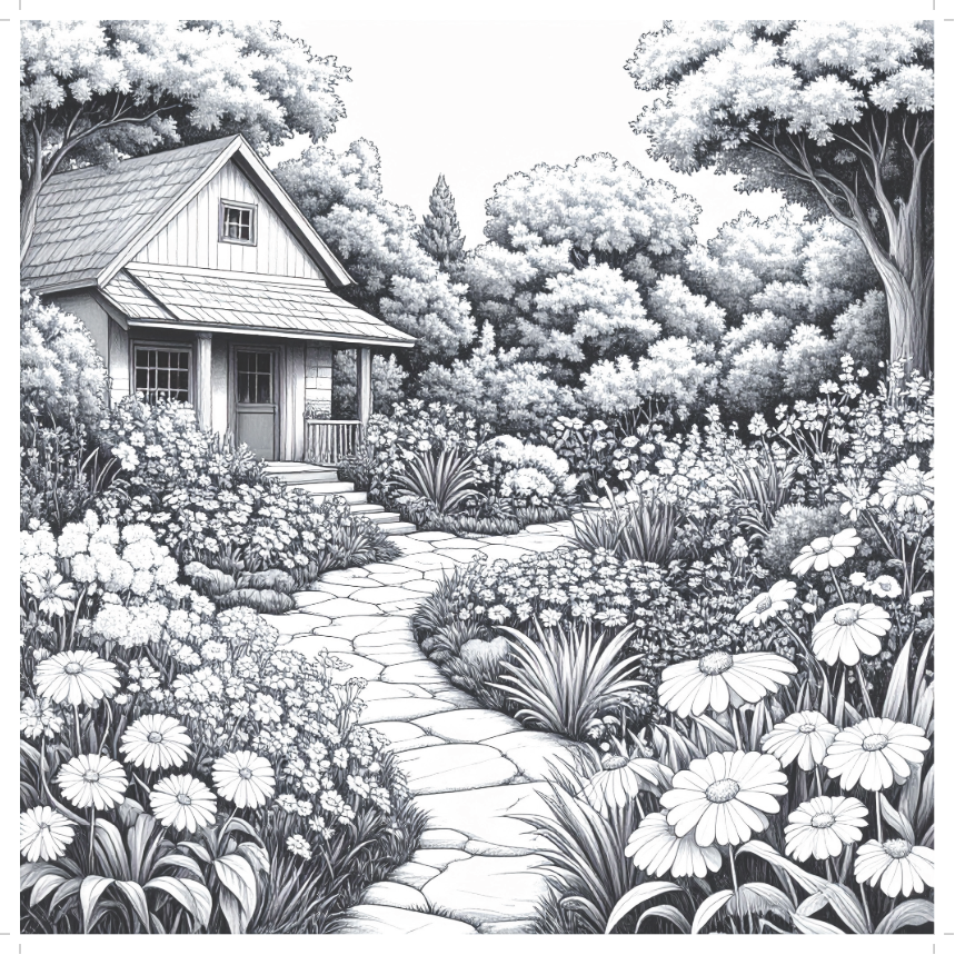 Black and white illustration of a quaint house surrounded by lush gardens and trees.