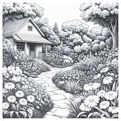 Black and white illustration of a quaint house surrounded by lush gardens and trees.