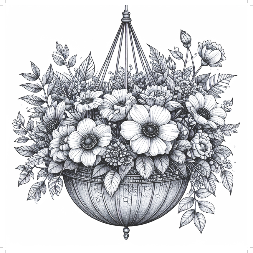 Black and white illustration of a hanging flower basket with detailed flowers and leaves.