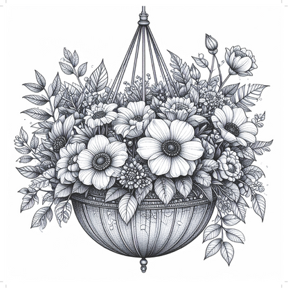 Black and white illustration of a hanging flower basket with detailed flowers and leaves.