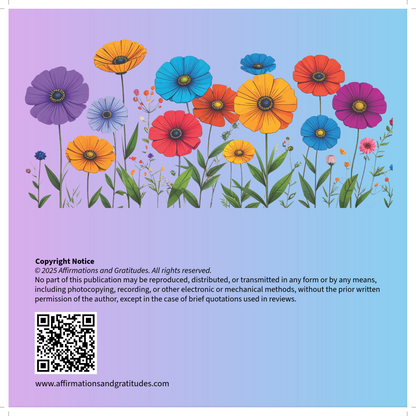 Colorful flowers on a gradient background with copyright notice and QR code.