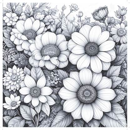 Detailed black and white floral illustration