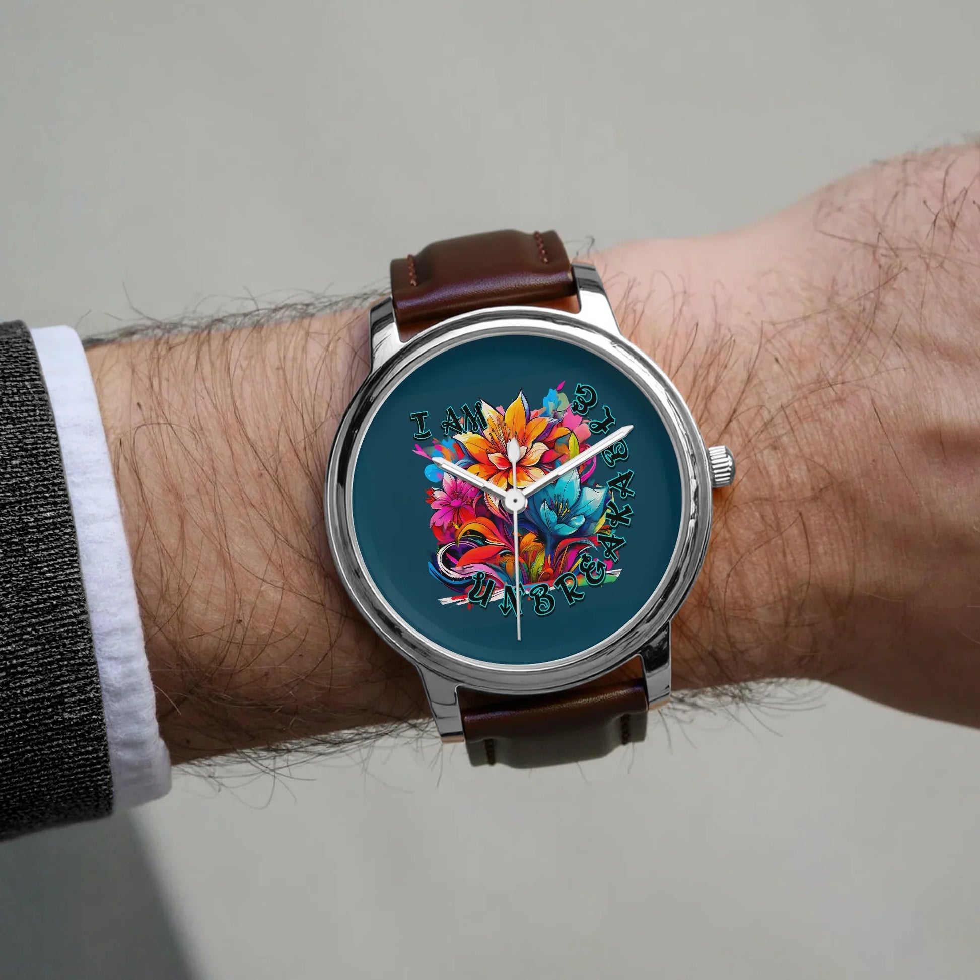 Motivating I Am Unbreakable Genuine Leather Strap Quartz Watch - Affirmations and Gratitudes 