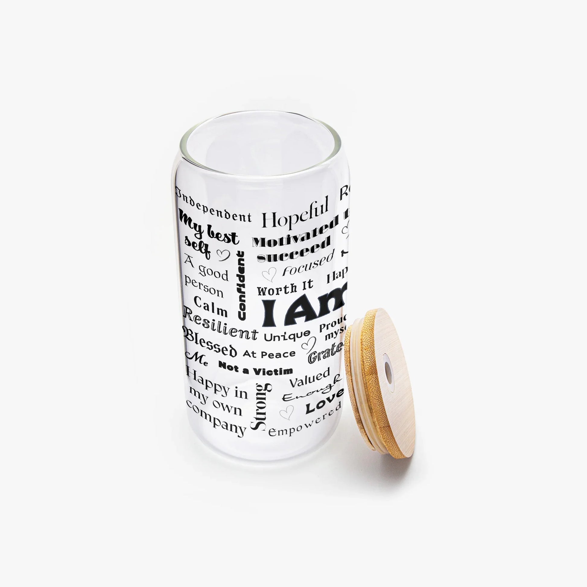 "I Am" Positive Affirmations Drinking Glasses with Bamboo Lid - Affirmations and Gratitudes 