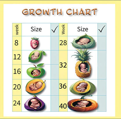 Baby growth chart, weeks 8 to 40, illustrated with various fruits and vegetables.