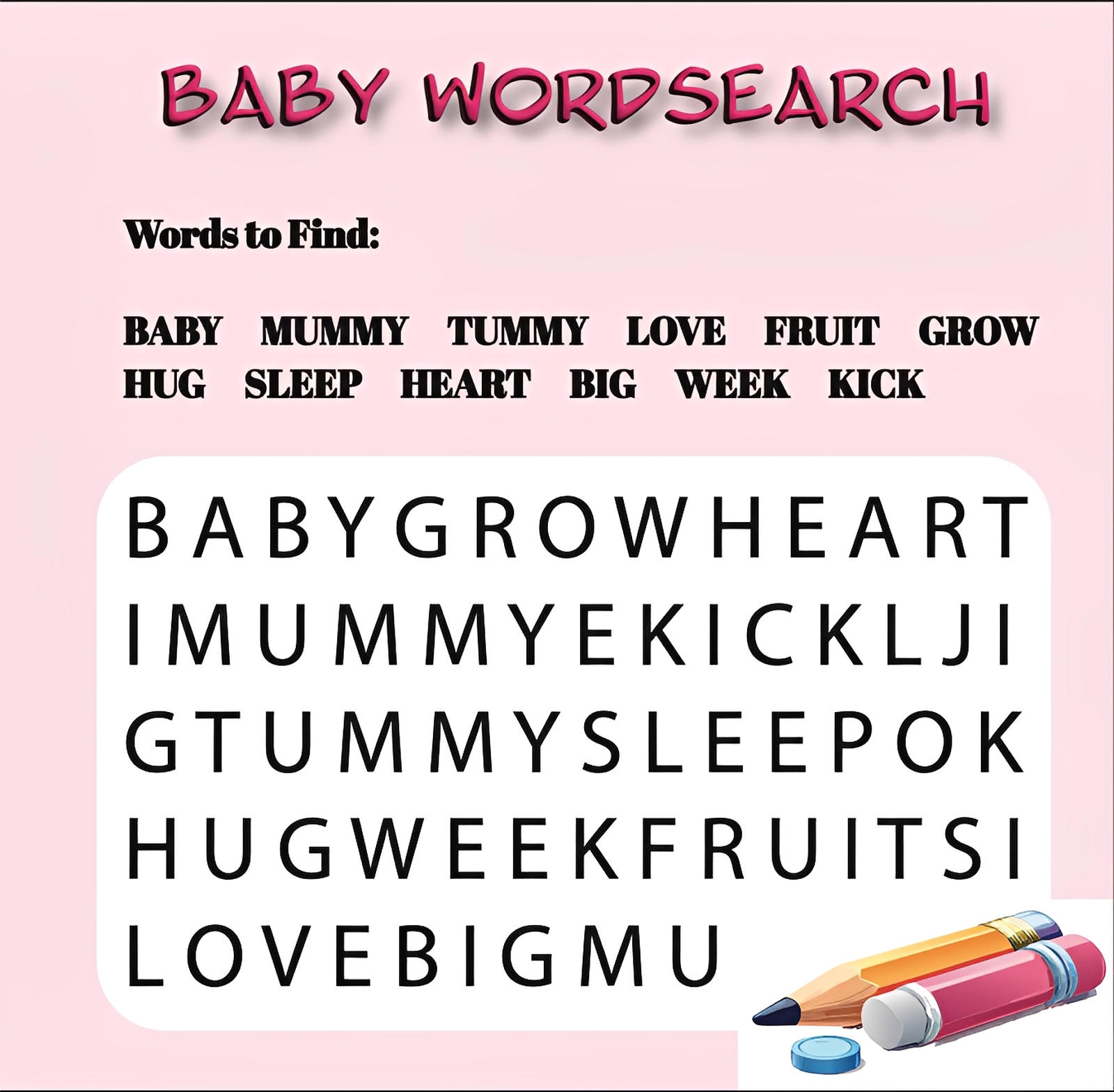 Baby word search puzzle on pink background with baby-related keywords and colored pencils.