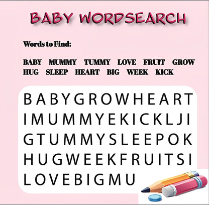 Baby word search puzzle on pink background with baby-related keywords and colored pencils.