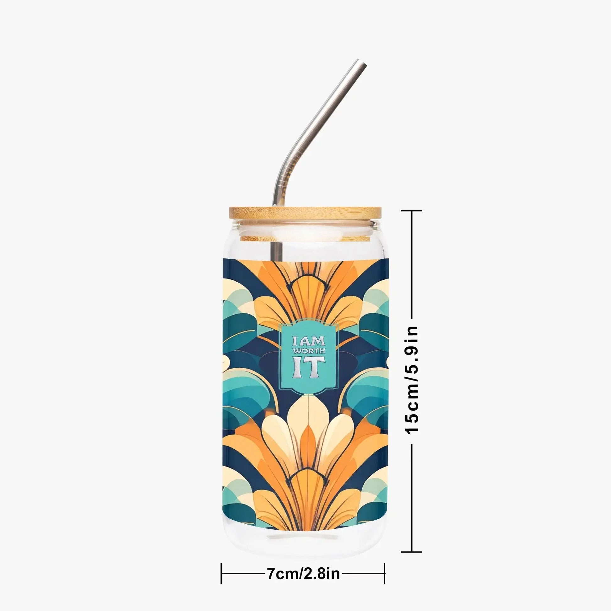 "I am worth it" Art-Deco Design Drinking Glass with Bamboo Lid - Affirmations and Gratitudes 