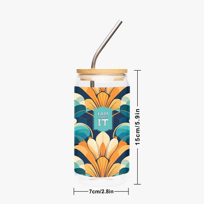 "I am worth it" Art-Deco Design Drinking Glass with Bamboo Lid - Affirmations and Gratitudes 