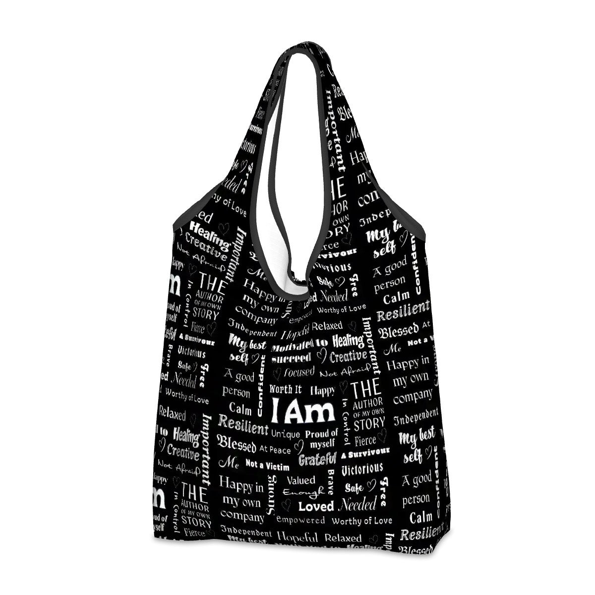 Black folding shopper bag with white motivational words and phrases in various fonts