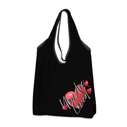 Black tote bag with 'You Are Loved' text and red heart graphics, reusable shopping bag