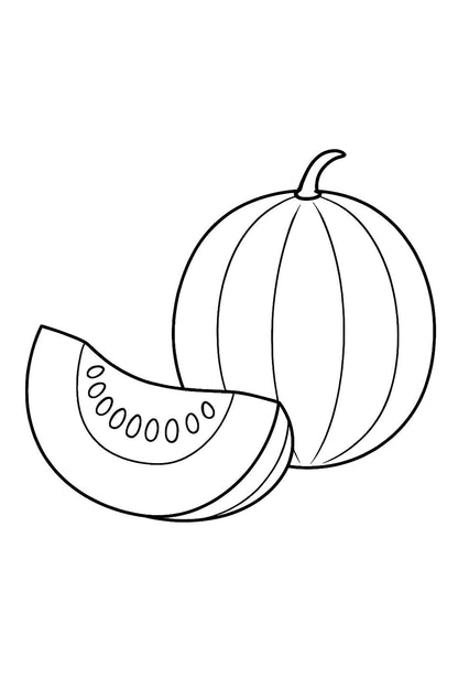 melon coloring page with whole melon and melon slice outline drawing