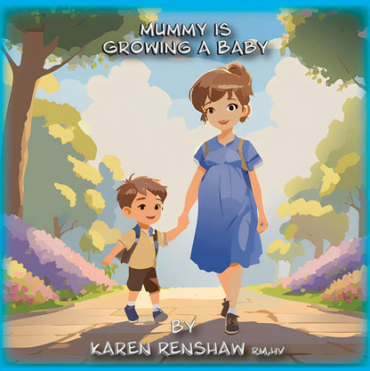 Pregnant mother and young boy holding hands on a park path, book cover for Mummy is Growing a Baby.