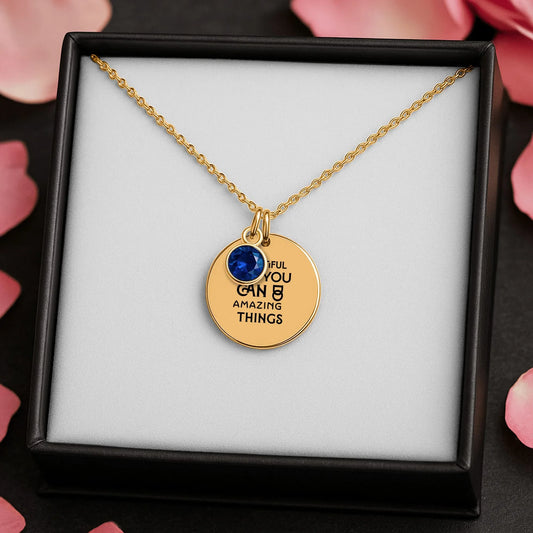 Inspirational Words Coin Necklace With Birthstone - Affirmations and Gratitudes 