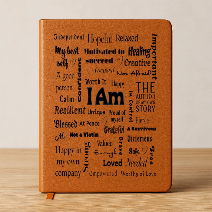brown leather journal with positive affirmations printed in black on the front cover