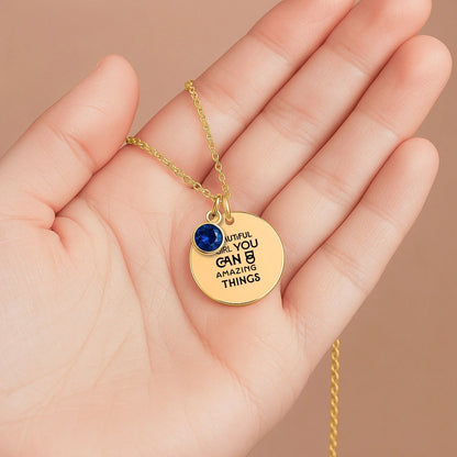 Inspirational Words Coin Necklace With Birthstone - Affirmations and Gratitudes 