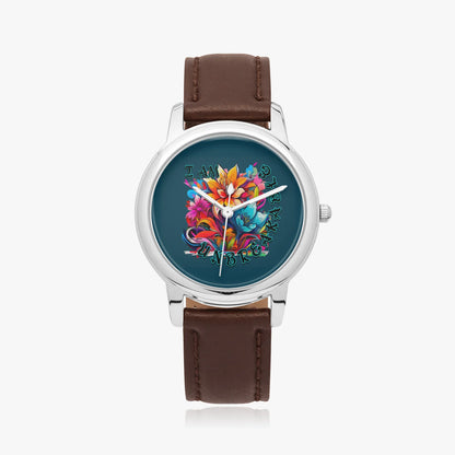 Motivating I Am Unbreakable Genuine Leather Strap Quartz Watch - Affirmations and Gratitudes 