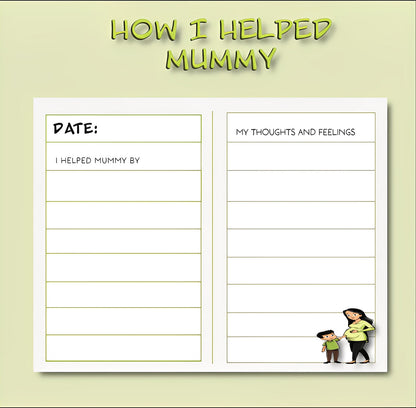 Children's journal sheet titled How I Helped Mummy, with writing prompts and mother-child illustration