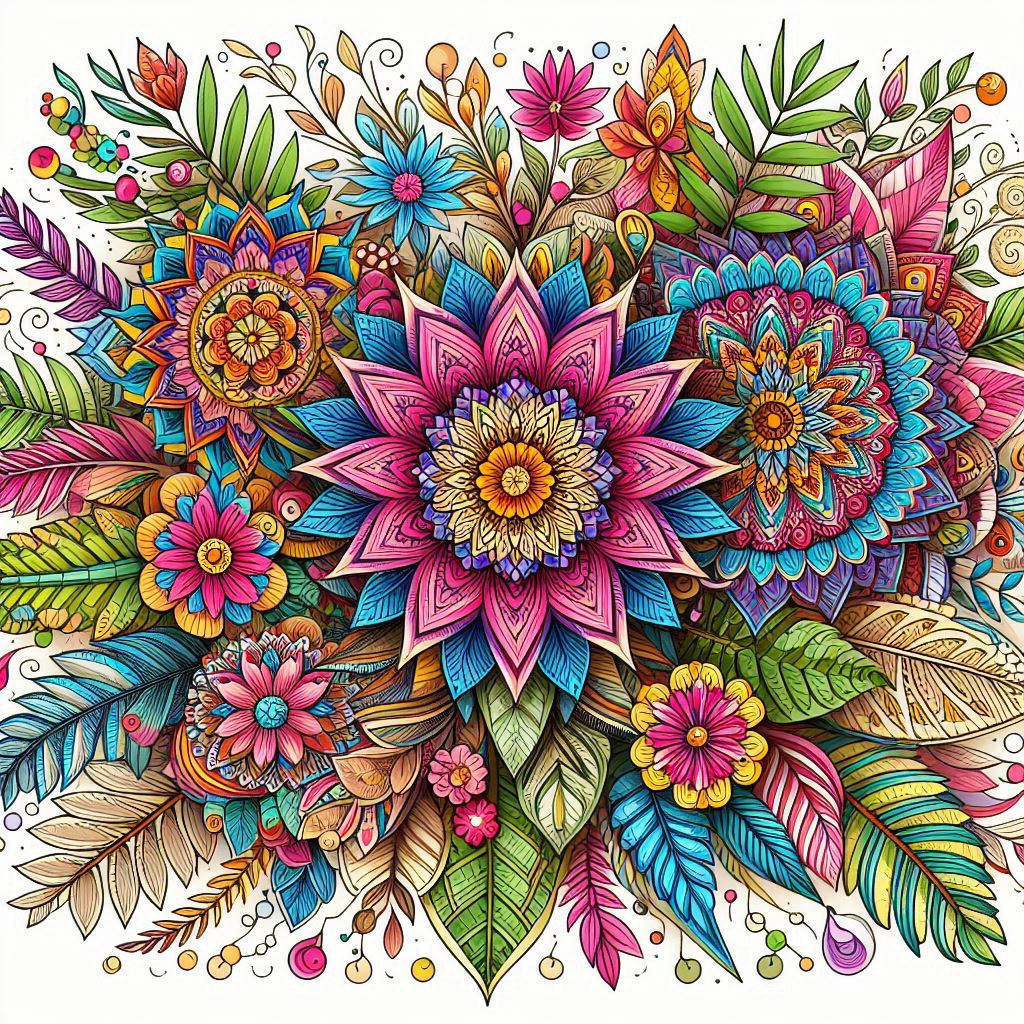 Colorful floral and leaf pattern with intricate details
